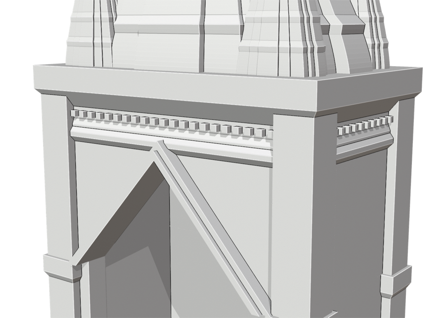 Close-up of the mini mandir cornice: a run of small dentil blocks under a projecting kapota eave, above the two-order pointed arch and the turned pilaster capitals
