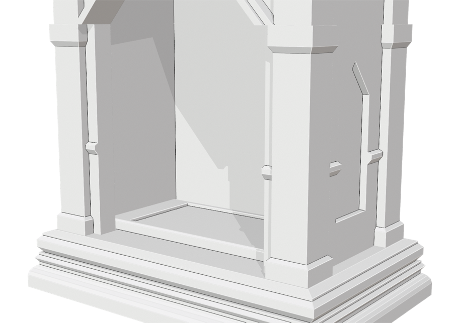 Close-up of the mini mandir base: the stepped moulded pitha, the turned bases of the corner pilasters, and the shallow tray inside the chamber that the murti stands on