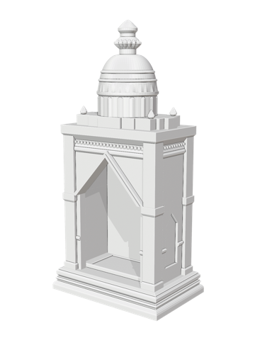 Mini mandir with a ghummat shikhar, a low circular dome on a pillared drum above a lotus base course, with a bell at each corner, in white