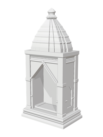 Mini mandir with a latina shikhar, a single curved North Indian spire with four horizontal bands, a ribbed amalaka disc and a kalash finial, in white