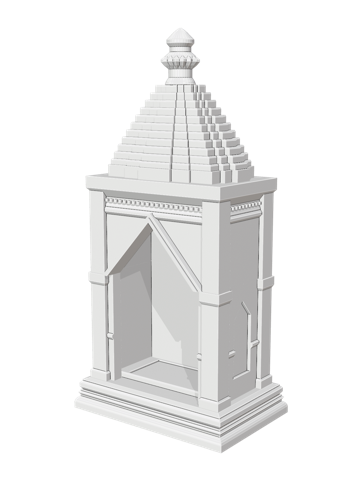 Mini mandir with a samran shikhar, a stepped pyramid of eleven diminishing tiers topped by a bell and a kalash finial, in white