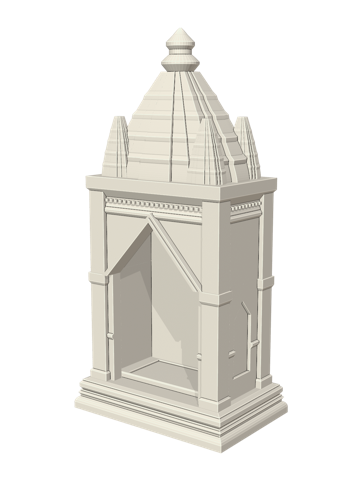 Mini mandir with a sekhari shikhar, a central curved spire ringed by four corner spirelets, on a stepped plinth with an open arched front, in ivory