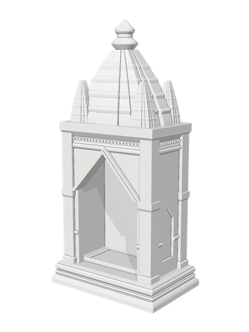 Mini mandir with a sekhari shikhar, a central curved spire ringed by four corner spirelets, on a stepped plinth with an open arched front, in white